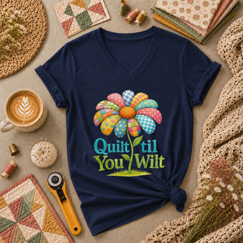 Quilt Til You Wilt Patchwork Flower Funny Women's V-Neck - Navy
