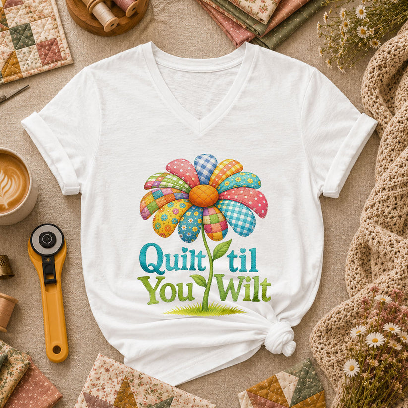 Quilt Til You Wilt Patchwork Flower Funny Women's V-Neck - White