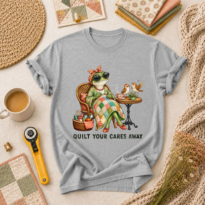 Quilt Your Cares Away Frog Woman Sewing T-Shirt - Athletic Heather