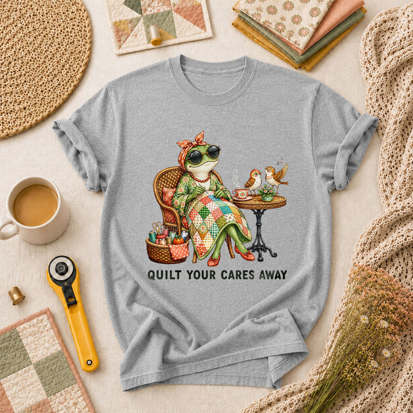 Quilt Your Cares Away Frog Woman Sewing T-Shirt - Athletic Heather