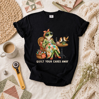Quilt Your Cares Away Frog Woman Sewing T-Shirt - Black