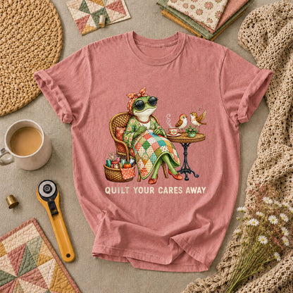 Quilt Your Cares Away Frog Woman Sewing T-Shirt - Heather Mauve