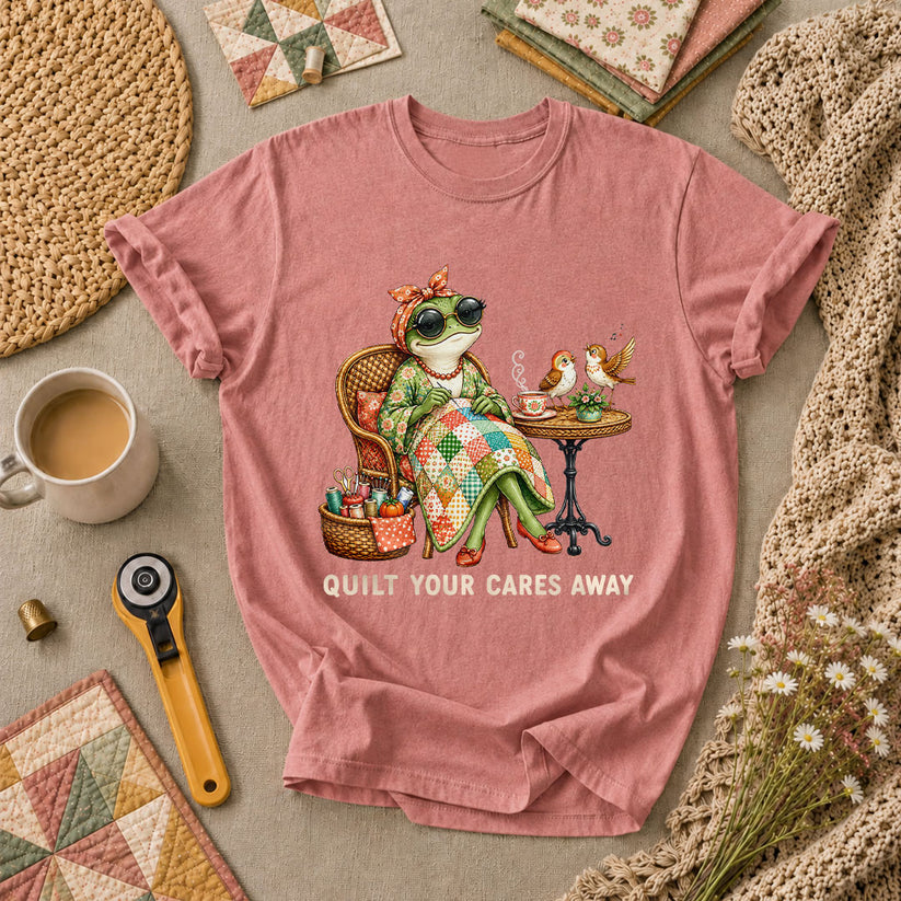 Quilt Your Cares Away Frog Woman Sewing T-Shirt - Heather Mauve