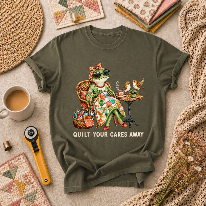 Quilt Your Cares Away Frog Woman Sewing T-Shirt - Military Green
