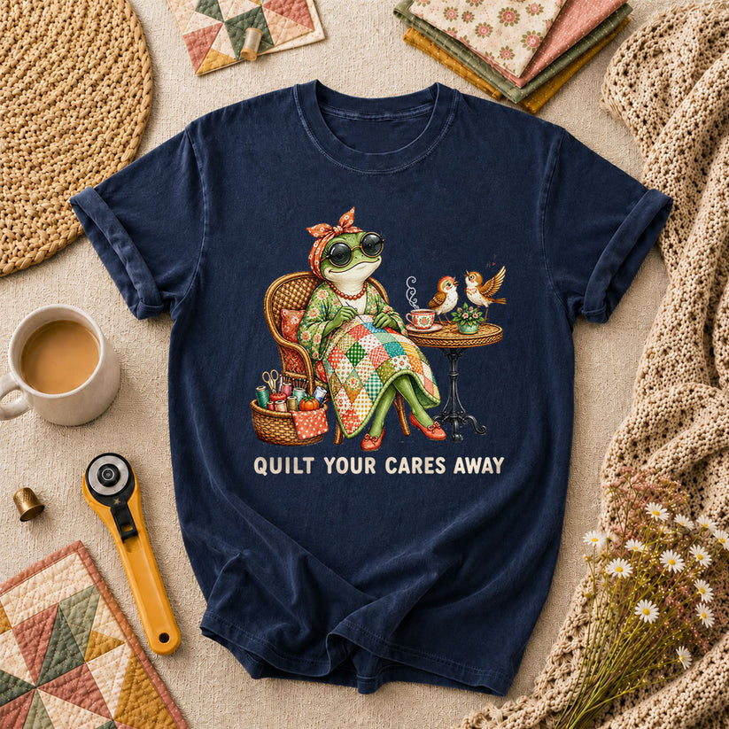 Quilt Your Cares Away Frog Woman Sewing T-Shirt - Navy