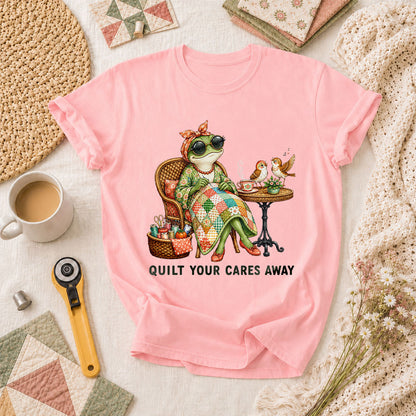 Quilt Your Cares Away Frog Woman Sewing T-Shirt - Pink