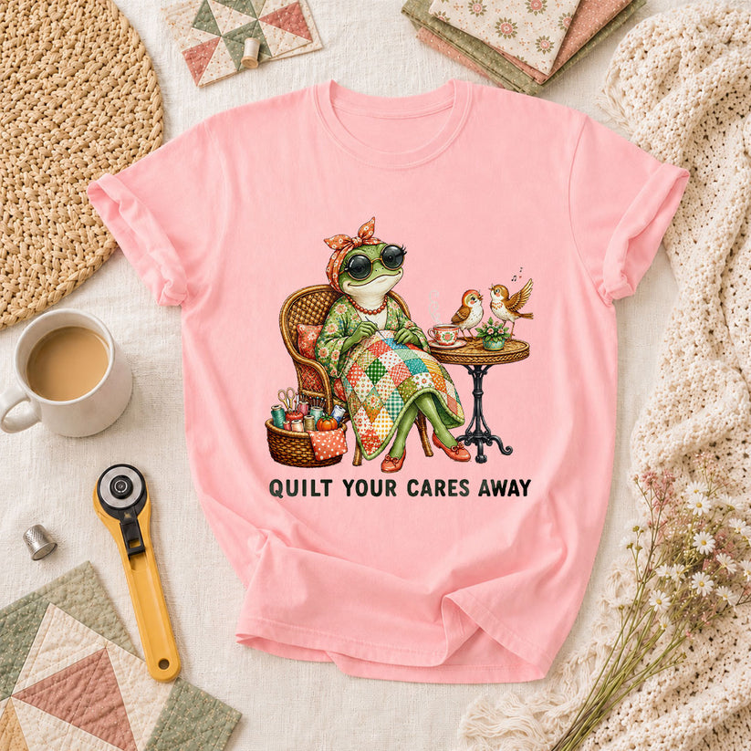 Quilt Your Cares Away Frog Woman Sewing T-Shirt - Pink