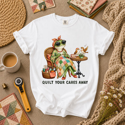 Quilt Your Cares Away Frog Woman Sewing T-Shirt - White
