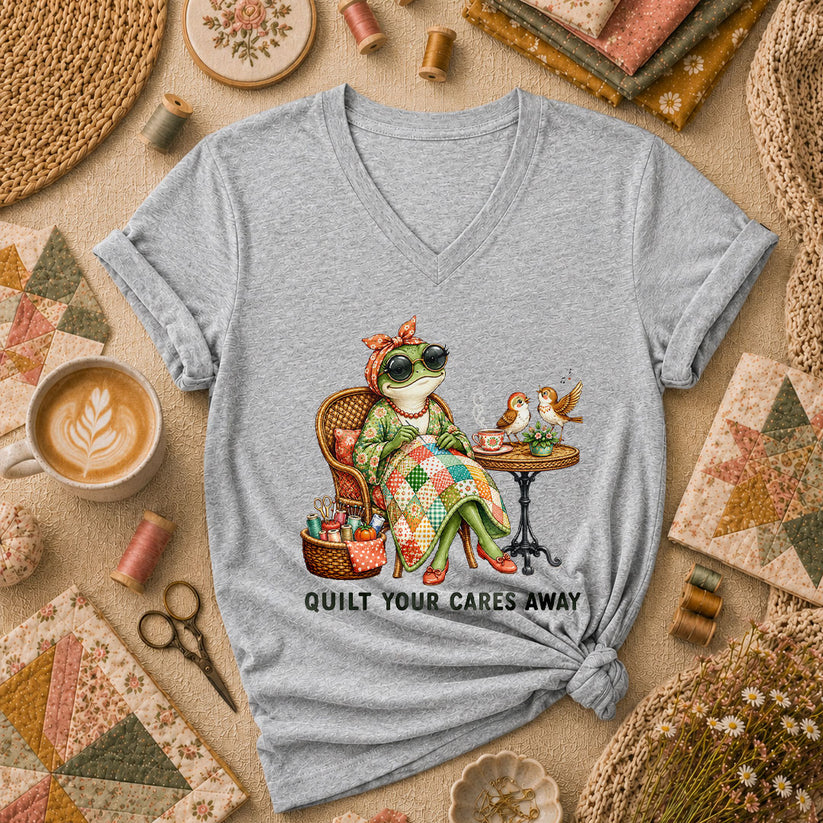 Quilt Your Cares Away Frog Woman Sewing Women's V-Neck - Athletic Heather