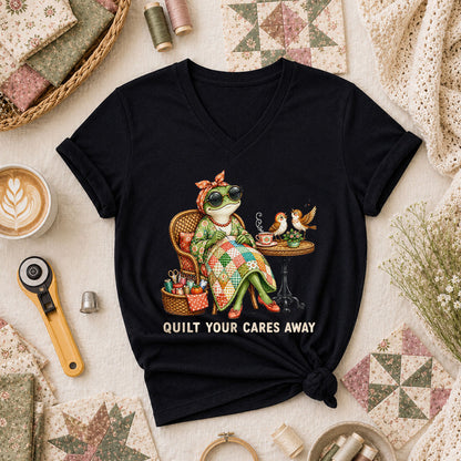 Quilt Your Cares Away Frog Woman Sewing Women's V-Neck - Black