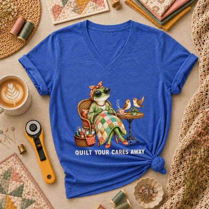 Quilt Your Cares Away Frog Woman Sewing Women's V-Neck - Heather True Royal
