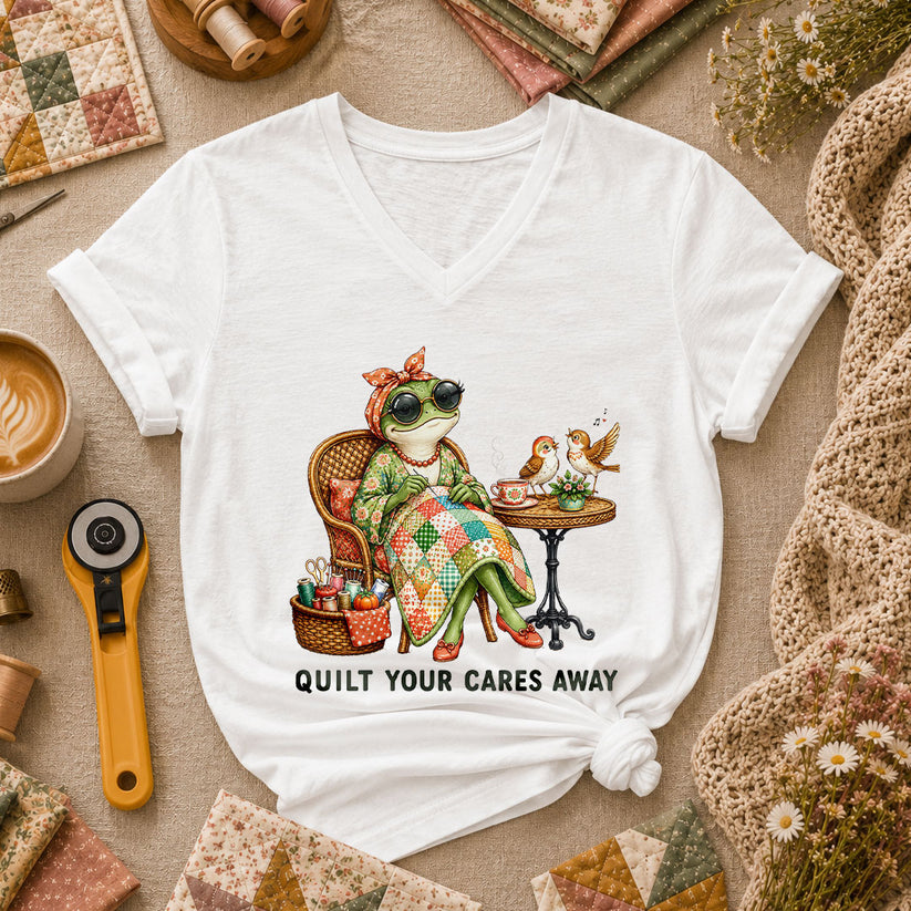 Quilt Your Cares Away Frog Woman Sewing Women's V-Neck - White