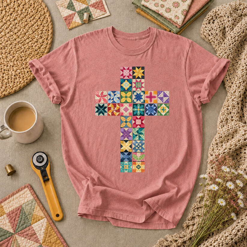 Quilted Cross Faith T-Shirt - Heather Mauve