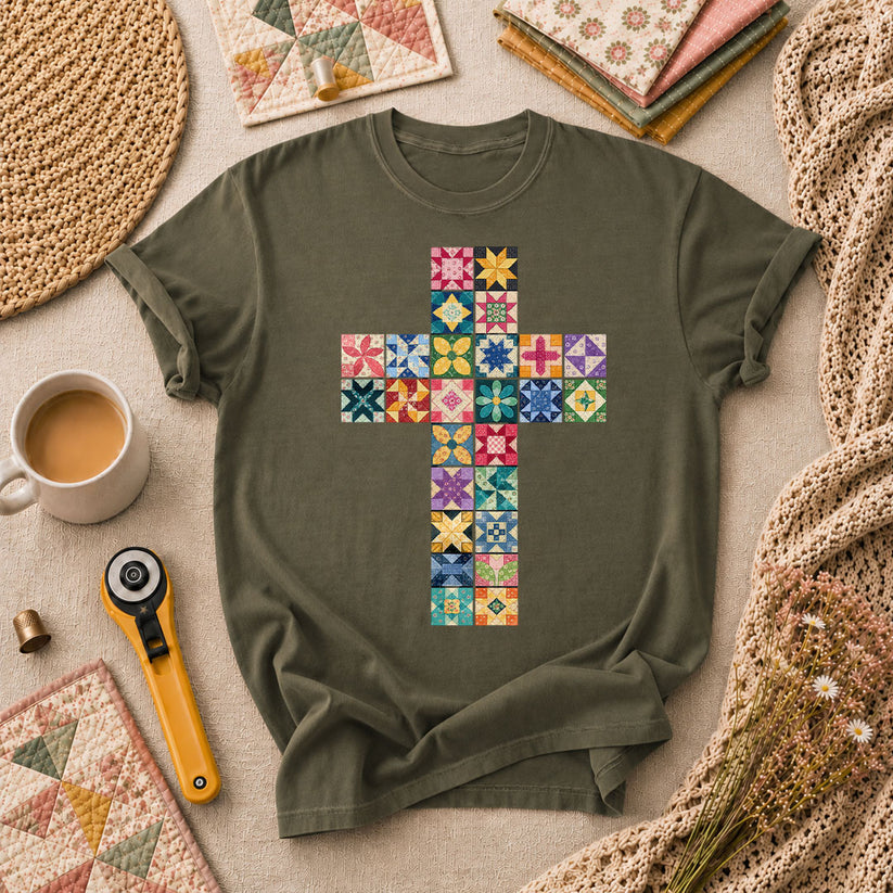 Quilted Cross Faith T-Shirt - Military Green