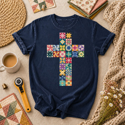 Quilted Cross Faith T-Shirt - Navy