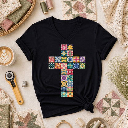 Quilted Cross Faith Women's V-Neck - Black