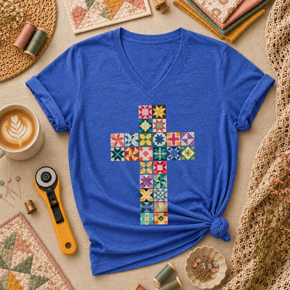 Quilted Cross Faith Women's V-Neck - Heather True Royal