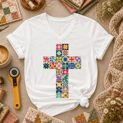 Quilted Cross Faith Women's V-Neck - White