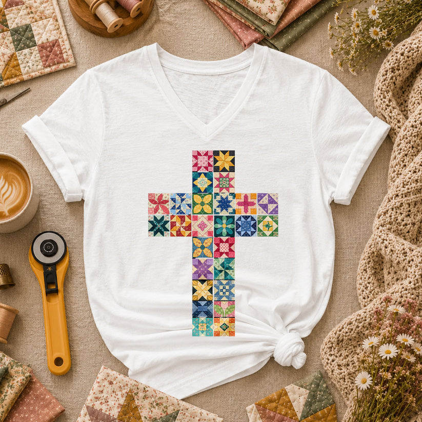 Quilted Cross Faith Women's V-Neck - White