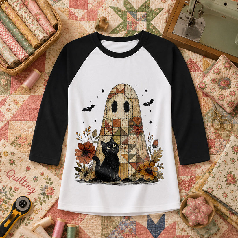 Quilted Ghost With Black Cat Halloween Raglan Sleeve - Black