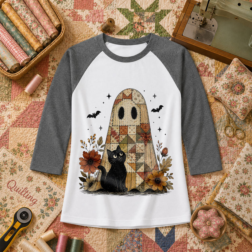 Quilted Ghost With Black Cat Halloween Raglan Sleeve - Deep Heather