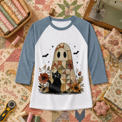 Quilted Ghost With Black Cat Halloween Raglan Sleeve - Denim