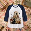 Quilted Ghost With Black Cat Halloween Raglan Sleeve