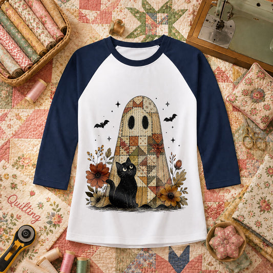 Quilted Ghost With Black Cat Halloween Raglan Sleeve - Navy