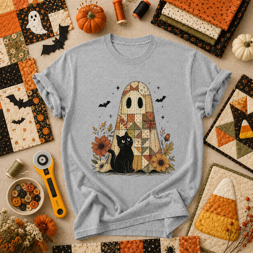 Quilted Ghost With Black Cat Halloween T-Shirt - Athletic Heather