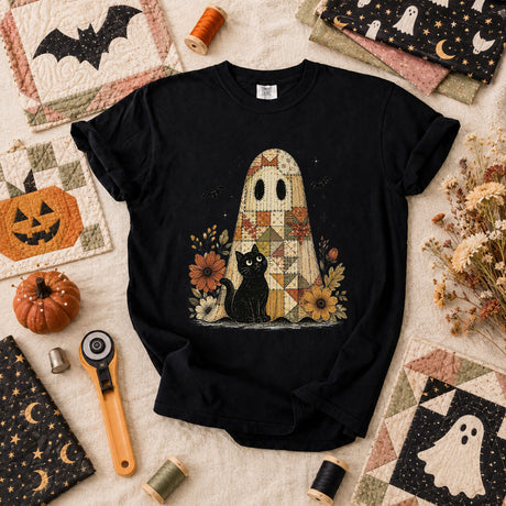 Quilted Ghost With Black Cat Halloween T-Shirt