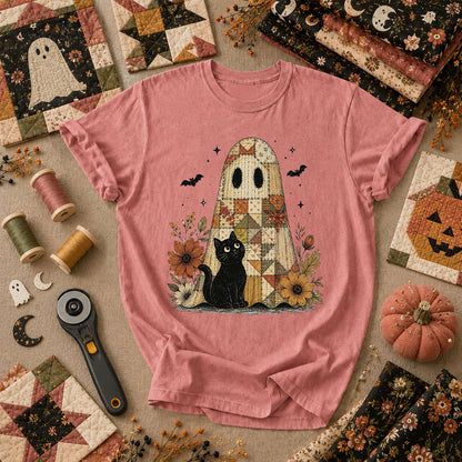 Quilted Ghost With Black Cat Halloween T-Shirt - Heather Mauve
