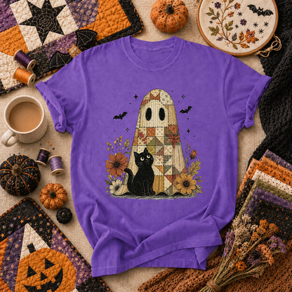 Quilted Ghost With Black Cat Halloween T-Shirt - Heather Team Purple