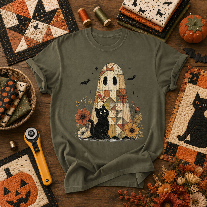 Quilted Ghost With Black Cat Halloween T-Shirt - Military Green