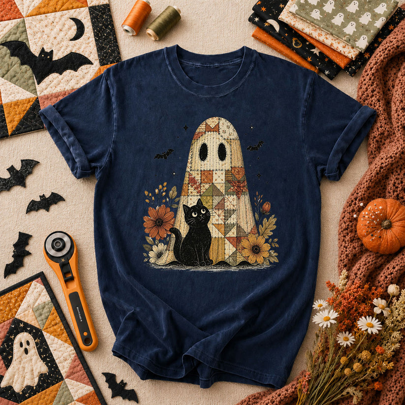 Quilted Ghost With Black Cat Halloween T-Shirt - Navy