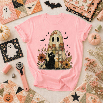 Quilted Ghost With Black Cat Halloween T-Shirt - Pink