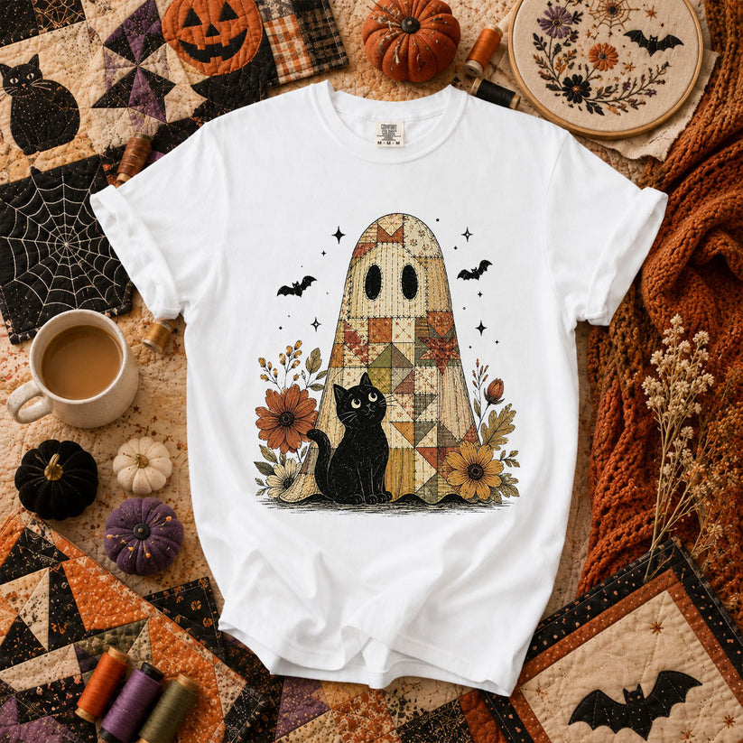 Quilted Ghost With Black Cat Halloween T-Shirt - White