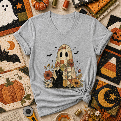 Quilted Ghost With Black Cat Halloween Women's V-Neck - Athletic Heather