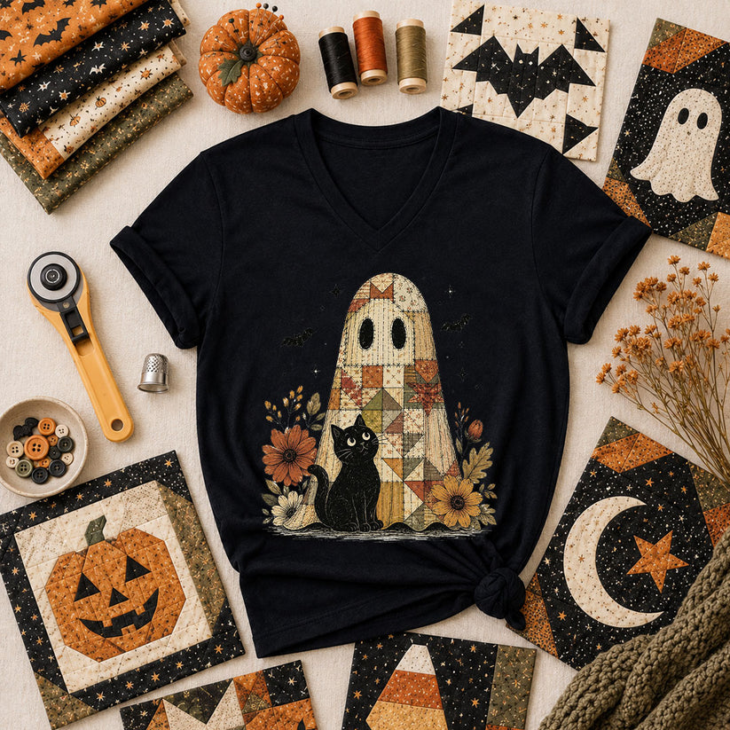 Quilted Ghost With Black Cat Halloween Women's V-Neck - Black