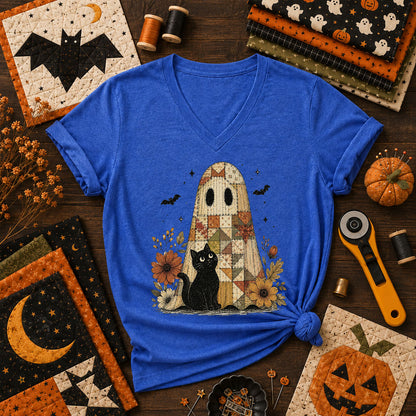 Quilted Ghost With Black Cat Halloween Women's V-Neck - Heather True Royal