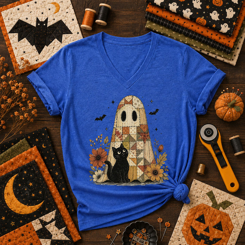 Quilted Ghost With Black Cat Halloween Women's V-Neck - Heather True Royal