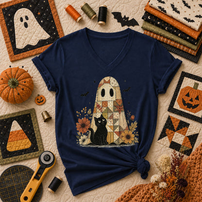 Quilted Ghost With Black Cat Halloween Women's V-Neck - Navy