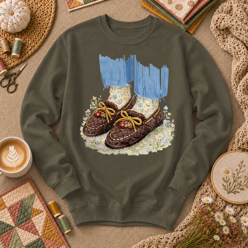 Quilted Moccasin Shoes Floral Long Sleeve - Military Green