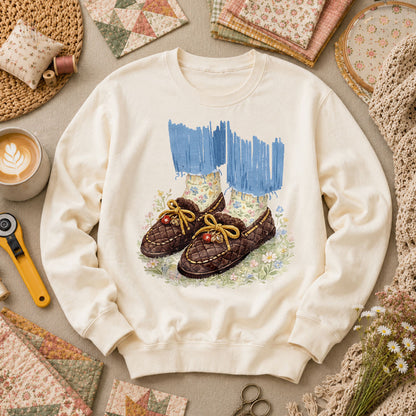 Quilted Moccasin Shoes Floral Long Sleeve - Natural
