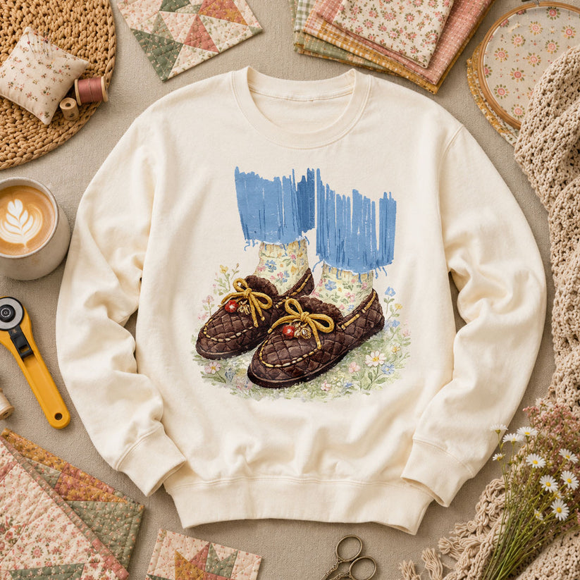 Quilted Moccasin Shoes Floral Long Sleeve - Natural
