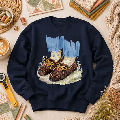 Quilted Moccasin Shoes Floral Long Sleeve - Navy