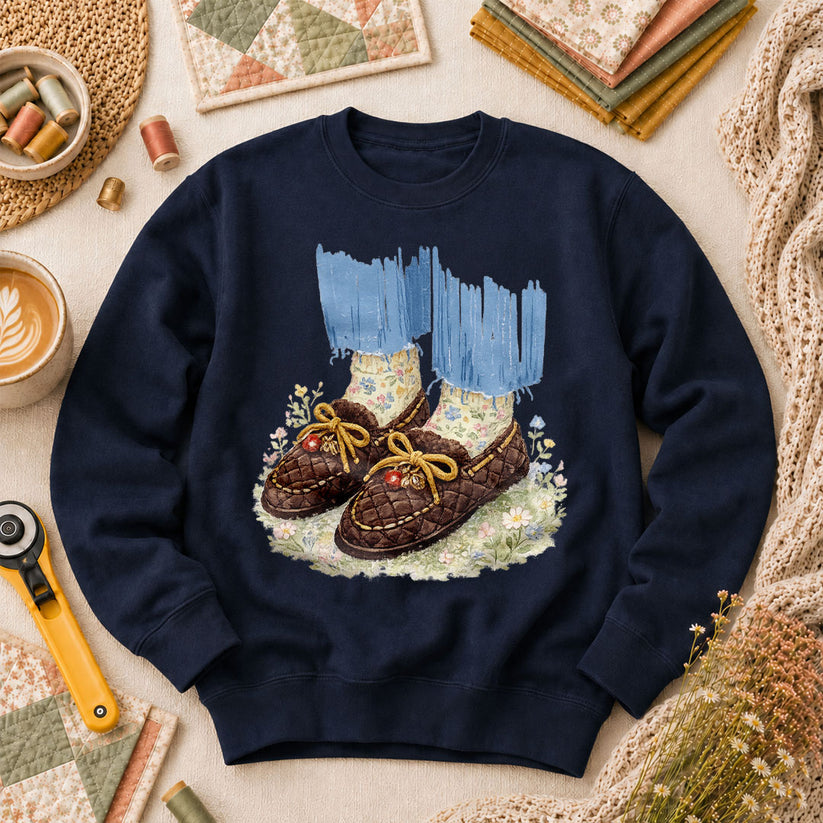 Quilted Moccasin Shoes Floral Long Sleeve - Navy