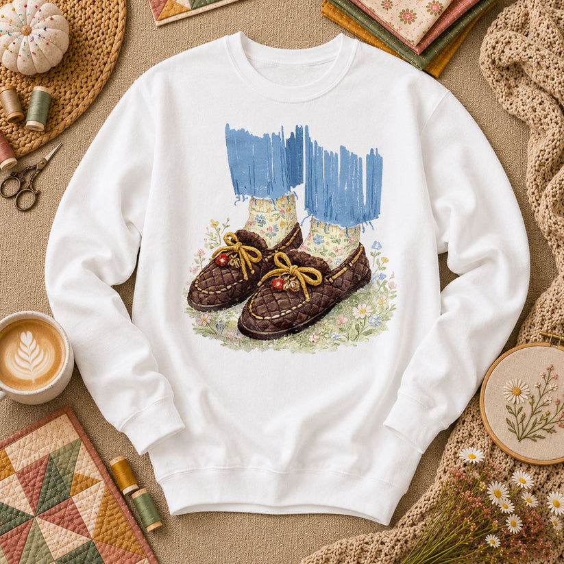Quilted Moccasin Shoes Floral Long Sleeve - White