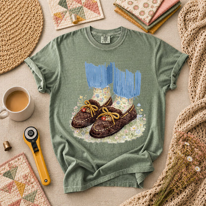Quilted Moccasin Shoes Floral T-Shirt - Forest Green