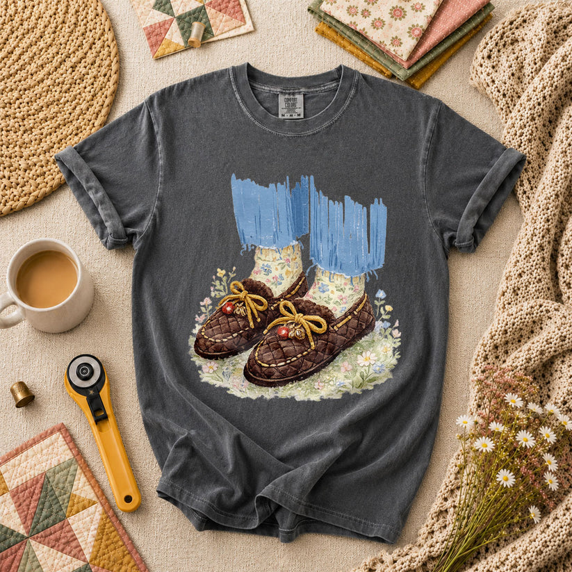 Quilted Moccasin Shoes Floral T-Shirt - Grey