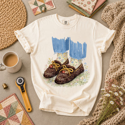 Quilted Moccasin Shoes Floral T-Shirt - Ivory